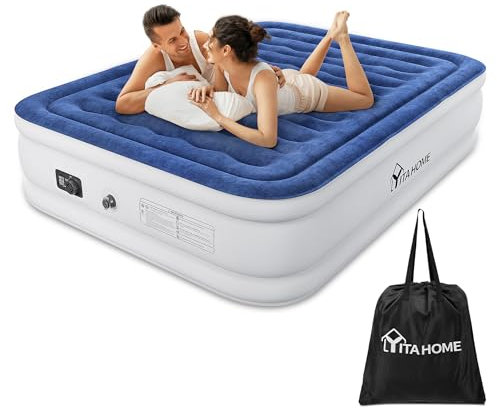 YITAHOME 2x1,5m Luftmatratze Selbstaufblasend mit Integrierter Elektrischer Pumpe Luftbett Selbstaufblasend, Aufblasbare Matratze für 2 Personen für Zuhause, Gästezimmer, Weiß/Blau