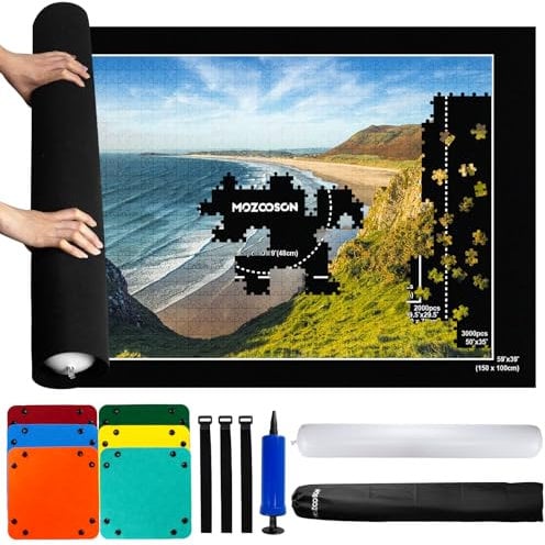 MOZOOSON Puzzlematte 3000 2000 1000 Teile, Matte Roll Pad für Jigsaw Puzzles Storage, Aufbewahrung Puzzel Matten Mit 6 Sortierer