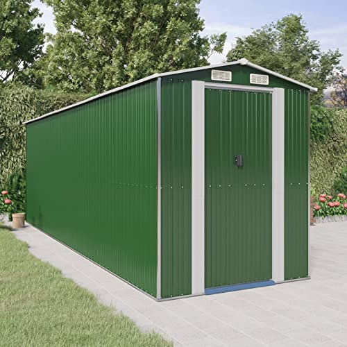 BULANED Geräteschuppen, Gerätehaus, Fahrradgarage, Gartenhütte, Fahrradunterstand, Gartenhäuschen, Garten Hütte, Fahrrad Unterstand, Grün 192x606x223 cm Verzinkter Stahl