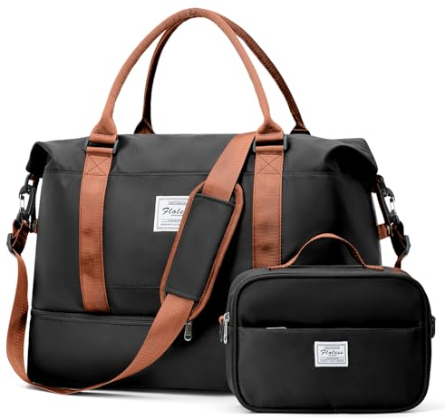 Reisetasche Damen Handgepäck Tasche Sporttasche mit Kulturbeutel Weekender Bag Schwimmtasche Wasserdicht Travel Duffle Bag Fitnesstasche Trainingstasche Krankenhaustasche mit Schuhfach,C-Schwarz Braun