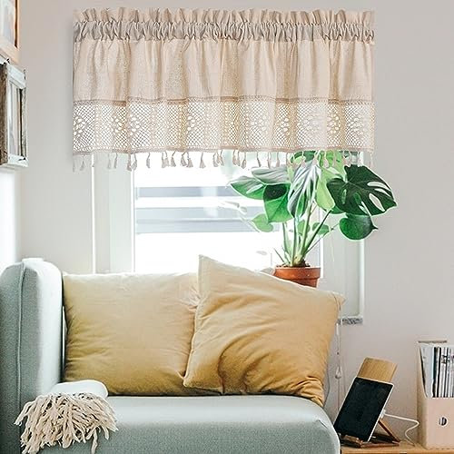Kurze Scheibengardine Vintage Boho Vorhang Kurzgardine Bistrogardine, Spitze Häkelgardine Beige Kurzstore Gardine Mit Quasten, Landhausstil Kurzgardinen Für Küche Cafe Bad Schlafzimmer, 1 Stück