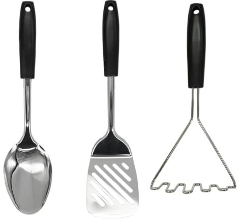 Fackelmann Initial Utensil Set, Solid Spoon 32cm, Slotted Turner 33.5cm, Potato Masher 25cm, Stainless Steel Function Head, Plastic Handle