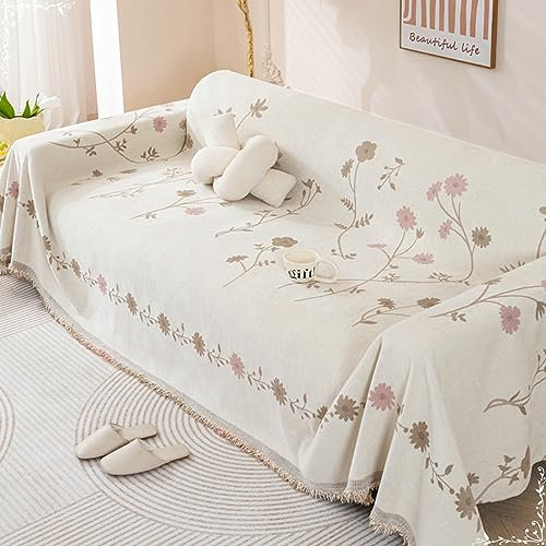 Mesnt Sofa Überzug Schlafsofa, Chenille Couchschutz für Haustiere mit Pflanzen Blumenmuster Kaffee, 180x400CM