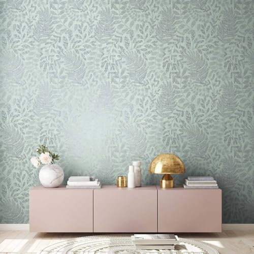 K&L Wall Art Papier peint intissé motif fleurs à paillettes argenté doré pour salon Avec guide de montage (bleu argent beige)