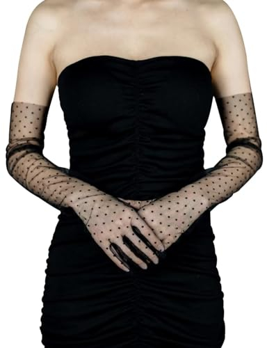 Hoseirty Lange Damen Handschuhe aus Tüll Hochzeit Party Braut 27,5 Zoll Ellenbogenlänge Vintage Pure Tee Party Abendball Oper Party Handschuhe, Schwarzer Punkt 01, Elbow Length
