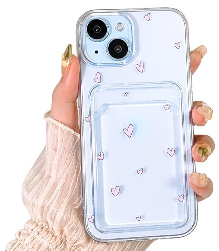 NITITOP Compatible for iPhone 15 Case Clear with Card Holder, Cute Heart Pattern Love Design for Women Girl, Protective Soft TPU Shock-absorbing Wallet Case for iPhone 15 - Pink Heart