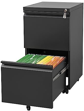 LVSTEEL Aktenschrank mit 2 Schubladen und Schloss,Mobiler Metallschrank für Home Office, für Rechts-/Rechtliches/Briefgröße, Komplett montiert, Schwarz