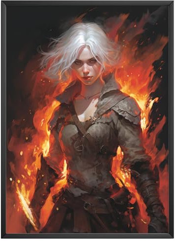 MJ-Graphics - Poster Ciri in Flammen - Dark Fantasy Mittelalter Witcher Bilder | Wandbild Din A3 in Galerie Qualität dickes Posterpapier - FineArt Kunstdruck ohne Bilderrahmen