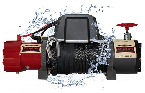 Dragon Winch Treuil électrique 12V avec radiateur 13000 lbs / 5897 kg avec câble synthétique 20m pour dépanneuses et véhicules municipaux | télécommande sans fil + accessoires treuil | Étanchéité IP67
