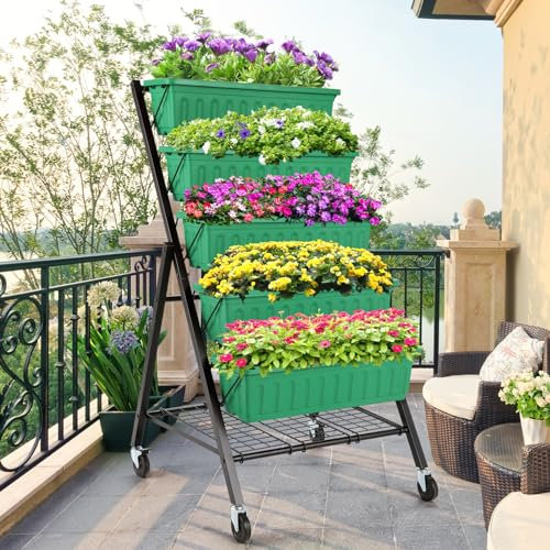 Homdox Vertikales Hochbeet für den Außenbereich, 5-stöckiger Pflanzkasten mit Drainagesystem, 60 x 66 x 122 cm, erhöhter Garten-Pflanzgefäß für Kräuter, Gemüse und Blumen (Grün mit Rollen und