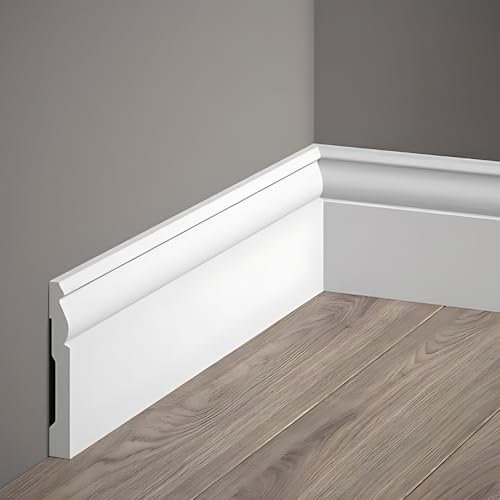 Decoration - Battiscopa Bianco in Polimeri Duri (Misure 200x9,4x1,2 cm) Zoccolo Facile da Installare su Muro e Pareti, Verniciabile e Resistente all'Umidità, Profilo Cucina, Bagno, Sala, Soggiorno