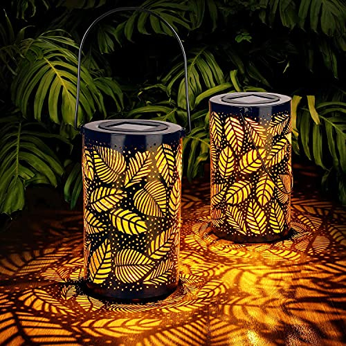 Farolillos Solares Exterior, Euakee 2 Piezas Linterna Solar de Metal para Jardin, Lampara Solar Exterior IP65 Impermeable Lámpara Colgante Solar Decoracion para Camping, Césped, Exterior