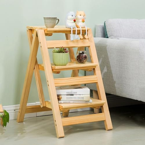 Holzleiter-Stuhlgestell, Tritthocker für Erwachsene, multifunktionaler Klappstuhl für Zuhause, Küche, Büro, Treppe, mit sicherer, Rutschfester Trittfläche, beweglicher 3-Stufen-Leiter-Aufstiegshocker