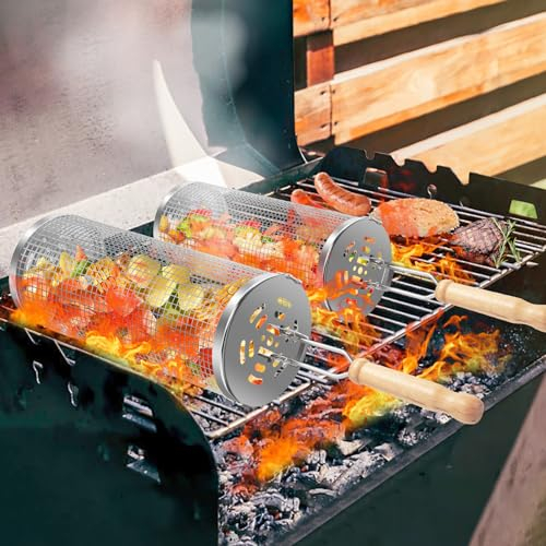 OWZ Rollendes Grillkorb Set - 2 Stück Grillkorb Edelstahl mit Holzgriff - Rolling Grilling Basket -für Camping-Grill im Freien, Gegrilltes Gemüse, Fleischspieße(33 * 11.5/23.5 * 9CM)