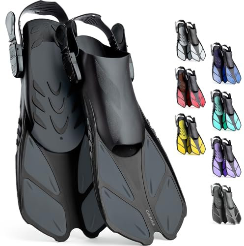 CAPAS Schnorchelflossen, Schwimmflossen Reisegröße Kurz Einstellbar zum Schnorcheln Tauchen Erwachsene Männer Frauen Kinder Offene Ferse Tauchflossen (Grau, Kids JR)