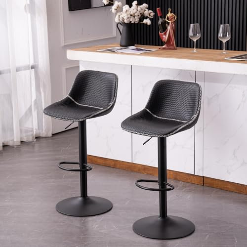 YOUNIKE Juego de 2 Taburetes Giratorios de Altura Ajustable, Sillas de Bar Vintage, Respaldo Alto Negro Cojín Suave para Casa, Bar, Isla de Cocina