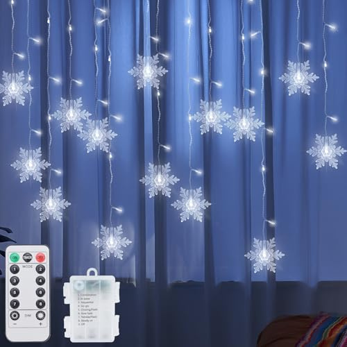 Ninonly Lichtervorhang Lichterkette, 96 LED Schneeflocken Weihnachten Lichterkette, 8 Modi Vorhang Licht Aussen Wasserdicht, Batteriebetrieben Weihnachtsdeko für Innen Fenster Balkon Christmas