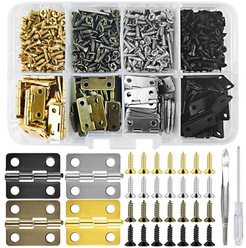 Bohoray 120pcs Redondeado Bisagra Pequeña 16 * 13 mm, 4 Colores Bisagras Pequeñas Manualidades, Mini Bisagras Retro con 480 Tornillos, 1 Destornillador, Para Joyeros, Casas de muñecas