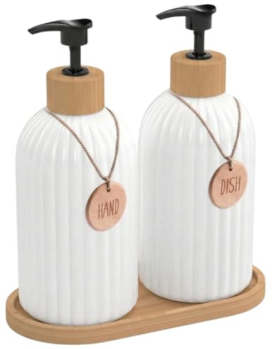 Dosificador Jabon Cocina y Dispensador Jabon Baño - Set de 2 Botes para Platos y Manos - Dispensador Jabon Cocina con Bandeja de bambú y 2 Colgantes de bambú de 500ML, Dispensador jabon Cocina Blanco