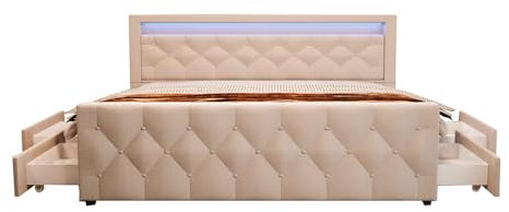 Home Deluxe - Polsterbett VELARA - 180 x 200 cm, Farbe: Beige, gepolstertes Kopfteil mit LED Beleuchtung, inkl. 4 Schubladen I Doppelbett Komforbett