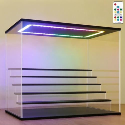 Nonemey Acryl Vitrine Ständer mit Bunten Led Licht,3/4/5/6 Schichten Schaukasten Vitrine Staubdichte Organizer Acrylbox für Sammlerstücke Figuren (Schwarz, 6Stufen-49x30x40 cm)