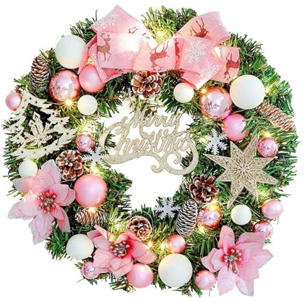 Folpus Beleuchteter Weihnachtskranz, Girlande zum Aufhängen an der Tür, künstlicher Kranz, Türkranz für drinnen und draußen, Treppen, Rosa Weiß