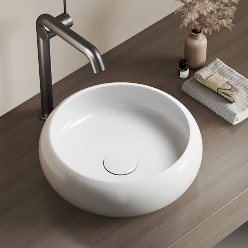 EMKE Lavabo da Appoggio – Lavabo Rotondo in Ceramica, 36 x 36 x 12 cm, Installazione su Piano,Bianco Lucido, Ideale per Bagno e WC Ospiti