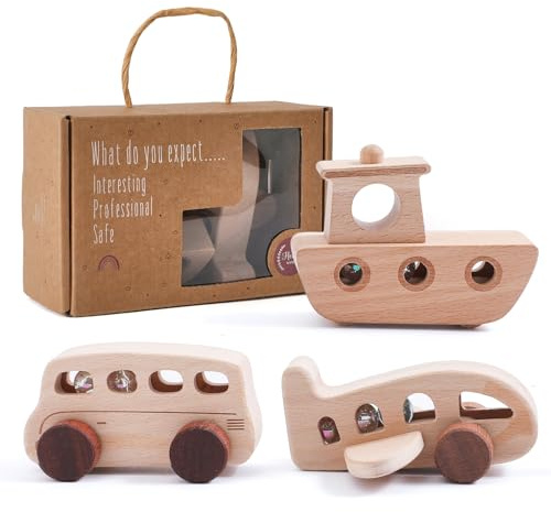 WOODEN TEETHER Holzautos Set für Kinder ab 1 Jahr - 3 Stück Holzspielzeug mit Fahrzeuge,Boot und Flugzeug - Montessori Holzspielzeug Geschenk für Mädchen Jungen ab 1 Jahr