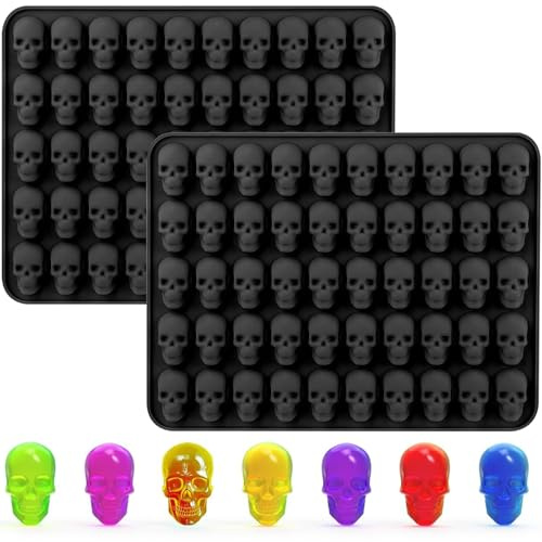 YXHZVON 2 Stück Halloween Totenkopf Backformen, Silikon Schokoladenform, Süßigkeiten Formen, 50 Mulden Mini Totenkopf Backform für DIY Halloween Schokolade, Süßigkeiten（Schwarz）