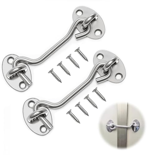 4 Inch Hook and Eye Latch Silver, 2 Pcs Stainless Steel Cabin Hooks with Screws, Gate Hook for Doors, Sheds and Windows