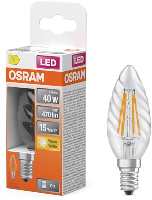 Osram LED-Lampe Star Kerzenform BW40 Filament, 2700 K warmweiß, 3,4 W, E14, klar, 470 lm, 15.000h, für Kronleuchter, gedrehte Kerzenform