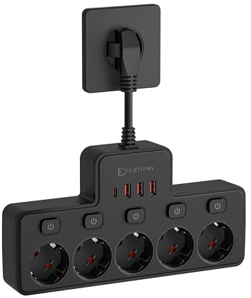 LEHOTPIA Enchufes de extensión de 5 tomas, regleta de enchufes de 2500W, enchufe múltiple USB de 10A, regleta de enchufes con 3 puertos USB y 1 puerto USB-C para oficina, hogar y viajes (negro)