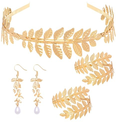 YUSHWENPTY Griechische Göttin Schmuck Set, Lorbeerkranz Kopfschmuck Oberarmreif Ohrringe, Greek Goddess Accessories Set, Gold Schmuck Römerin für Damen Karneval Hochzeits Halloween Kostüm Zubehör