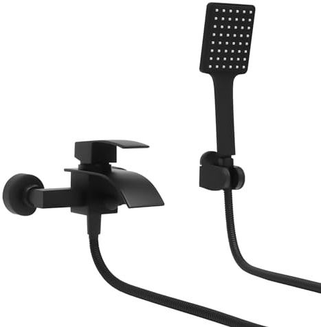 Badewannenarmatur Duschset in Schwarz, Wasserfall-Wannenarmatur mit Regendusche & Handbrause - Komplett-Set aus Edelstahl inkl. Mischbatterie, Brausesäule und Zubehör für Wandmontage