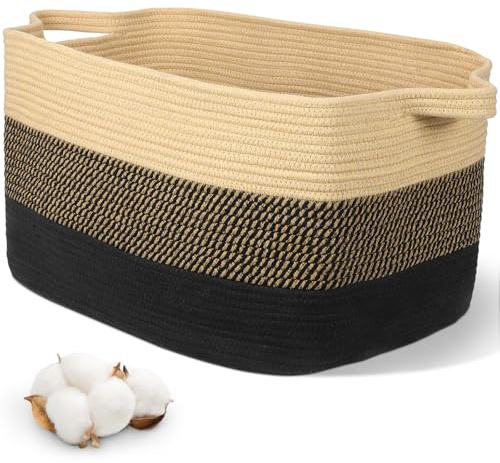 Alyvisun Groß Wäschekorb Geflochten, Aufbewahrungskorb Geflochten für Schlafzimmer, Wohnzimmer, Babyzimmer, Rechteckiger Cotton Korb Geflochten für Spielzeug, Decken, Handtücher, 55x40x30 cm