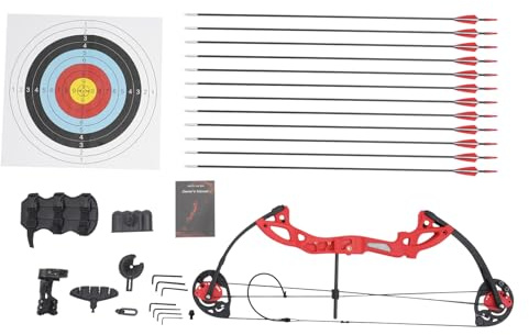 DSYOGX Compoundbåge och pil-set, 40 – 60 kg justerbar dragvikt för ungdomar, compoundbåge-set, med ett Pin-visir med trollslända och ett pilstöd, för ungdomar och barn (röd)