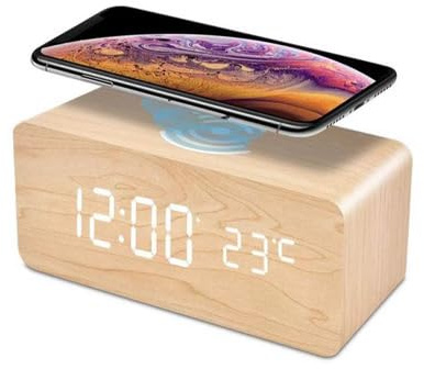 Amor International Digitale Holz-Wecker mit kabelloser Ladestation, LED-Anzeige, Temperaturanzeige, 3 Weckzeiten (Hellbraun)