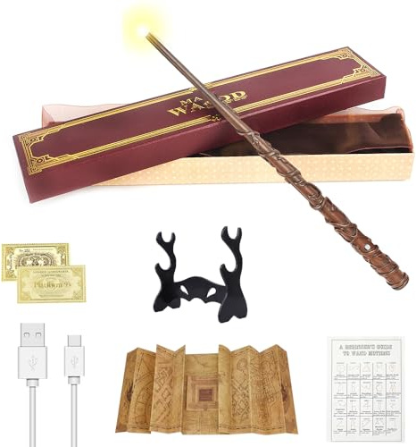 CJBIN Baguette magique Hermione Granger avec lumière, 39 cm, avec recharge USB, dans coffret cadeau avec carte, billet de station, carte et support