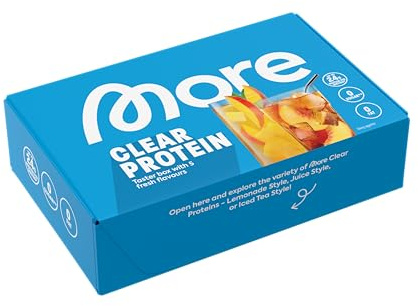 MORE Clear Tasterbox, 5 x 30 g, Protein Drink mit Whey Isolat, clear Whey | Zucker-, fett- & laktosefrei mit bis zu 25 g Protein pro Portion, made in Germany