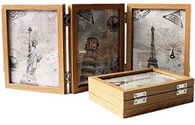 Xshelley 3 Falten Massivholz Bilderrahmen,5x7 klappbarer Rahmen,doppelseitiger Bilderrahmen,Aufklappbar 3 IN 1 Fotos Collage (hellbraun)