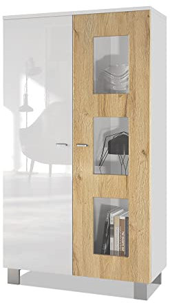 Vladon Vitrine Denjo, Made in Germany, Standvitrine mit 2 Türen und 3 Glaseinsätzen, Weiß matt/Weiß Hochglanz/Eiche Natur (71 x 129 x 35 cm)