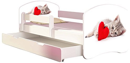 Kinderbett Jugendbett mit einer Schublade und Matratze Weiß ACMA II 140 160 180 40 Design (180x80 cm + Bettkasten, 40 Katze mit Herz)