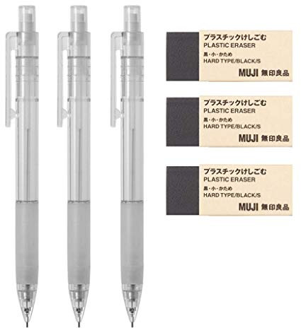 MUJI Druckbleistift aus Polycarbonat, mit Gummigriff, 3 Stück Radiergummi [schwarz – klein], 3 Stück