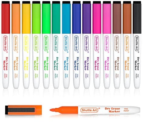 Shuttle Art Feutre Tableau Blanc Effaçable Magnétique, 15 Couleurs de Feutre Effaçable à Sec avec Gomme à Pointe Fine, Parfait pour École, Maison, Bureau