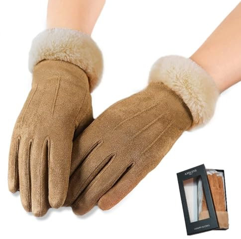 axelens Damen Winter Touchscreen Kunstlederhandschuhe, Super Weich, Warme und Elegant aus Wildleder, Ärmel in ökologischem Weichpelz für Smartphone, Handy Größe S/M – HELLBRAUN/BEIGE