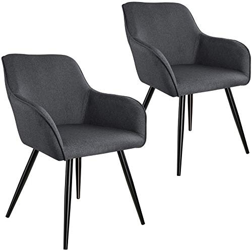 tectake 800873 2er Set Esszimmerstuhl mit Armlehnen, Leinenoptik, gepolsterte Sitzfläche, Schwarze Metallbeine, für Wohnzimmer, Esszimmer, Küche und Büro (Dunkelgrau | Nr. 404086)