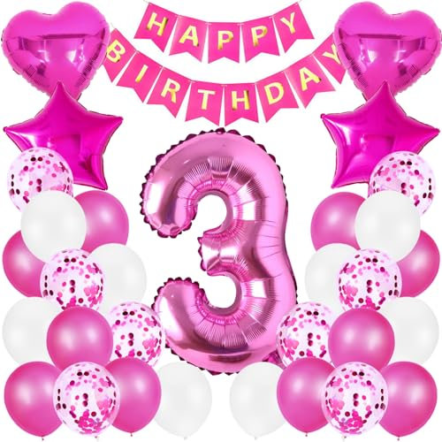 Palloncini Compleanno 3 Anno,3 Anno Decorazioni Compleanno Rosa,100cm Foil Palloncino Numero 3 Anni Compleanno Decorazioni Ragazza,Happy Birthday Striscioni,Palloncini in Lattice Coriandoli Rosa