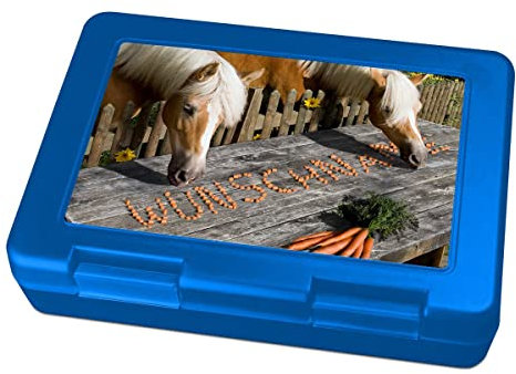 printplanet® Brotdose mit Wunschnamen personalisieren - Motiv Pferde - Farbvariante Blau