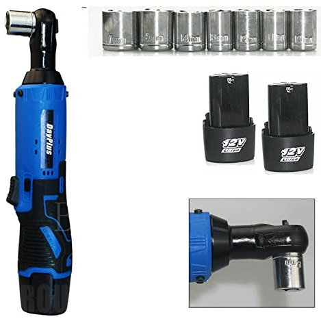 Clé à Cliquet Sans Fil, 12V Clé à Cliquet électrique 40N.m 3/8 Pouces Kit de Cliquet, Outil De Réparation De Ensemble D'outils De Clé À Angle Droit avec 2 Batterie Rechargeable, 7 prises