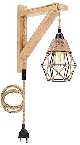 Industrial Vintage Plug in Wandlampe 1 Flammige Wandleuchte - Retro Wandleuchte Innen aus Holz Metall Wohnzimmerlampe Flurlampe Schwarze Lampe mit Hanfseil Textilkabel Schalter Stecker E27 Fassung